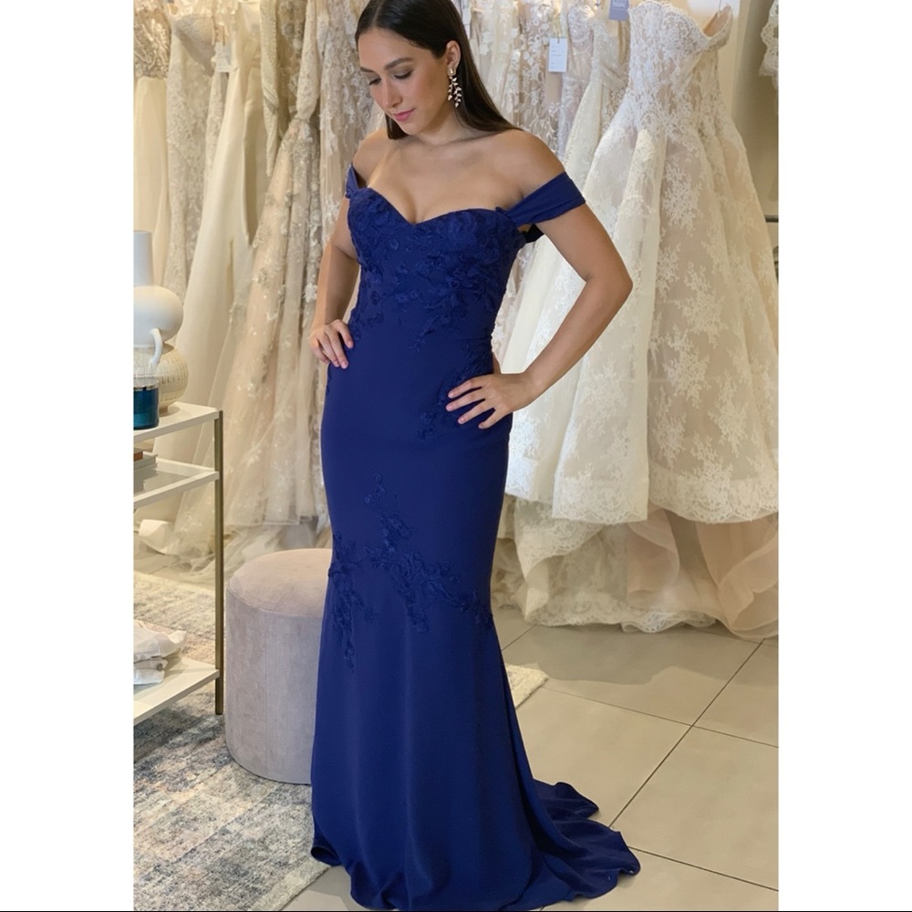 Pronovias Geoda Blue Crepe & Lace evening gown